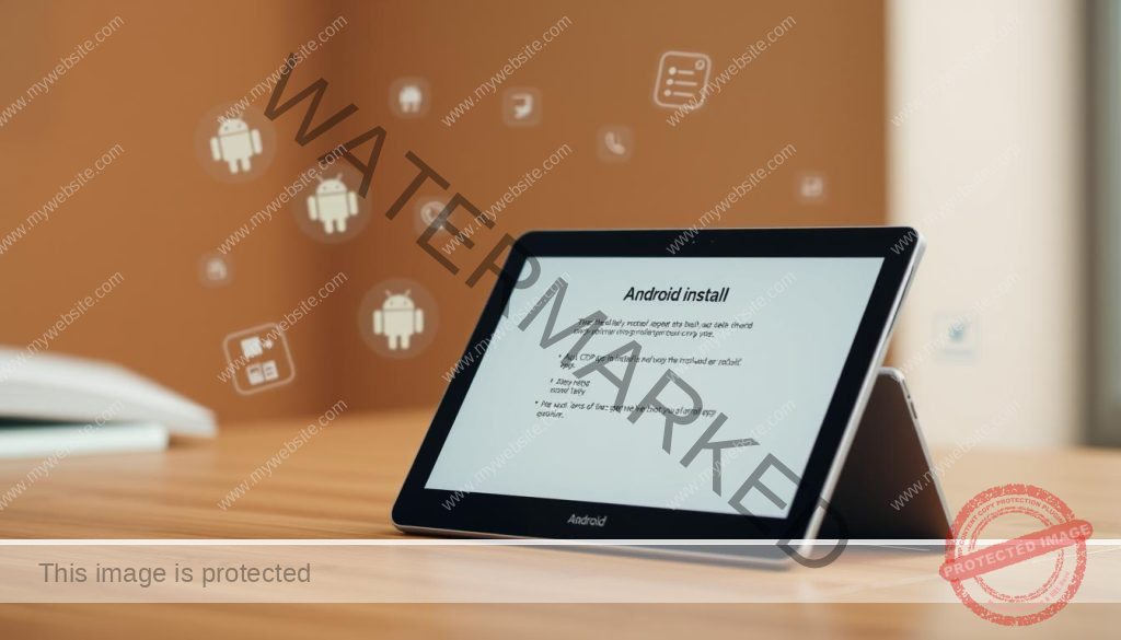 A clean, well-lit Android tablet displayed on a wooden desk, with the screen showing the Android app installation process. The foreground features the tablet tilted slightly, showcasing the step-by-step on-screen instructions. The middle ground includes various Android-related icons and UI elements floating around the tablet, creating a sense of interactivity. The background blurs into a warm, neutral color palette, drawing the viewer's focus to the central installation process. The overall scene conveys a sense of simplicity, efficiency, and the ease of installing an Android app.
