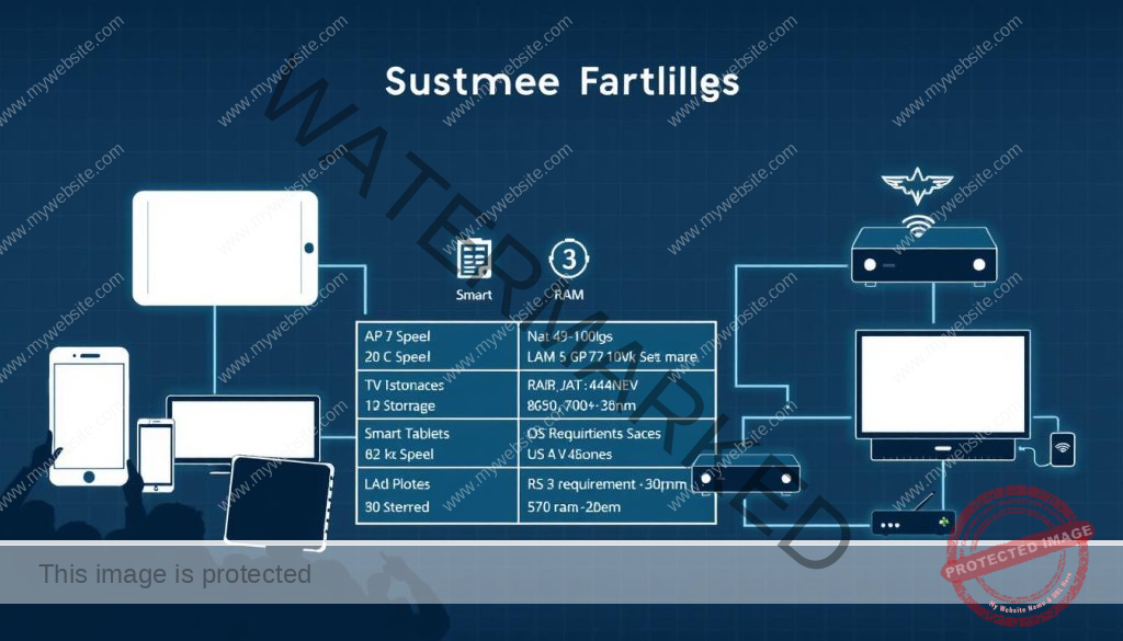 A crisp, clean-lined technical diagram showcasing the system requirements for popular streaming apps. The foreground features silhouettes of various devices like smartphones, tablets, smart TVs, and media players, all connected by sleek interface icons. The middle ground depicts a grid of technical specifications - processor speed, RAM, storage, OS requirements, etc. The background is a subtle grid pattern or circuit board texture, conveying a sense of technological sophistication. The lighting is cool and clinical, with a touch of futuristic flair. The overall mood is one of informative precision, guiding the viewer through the essential setup for seamless streaming experiences.