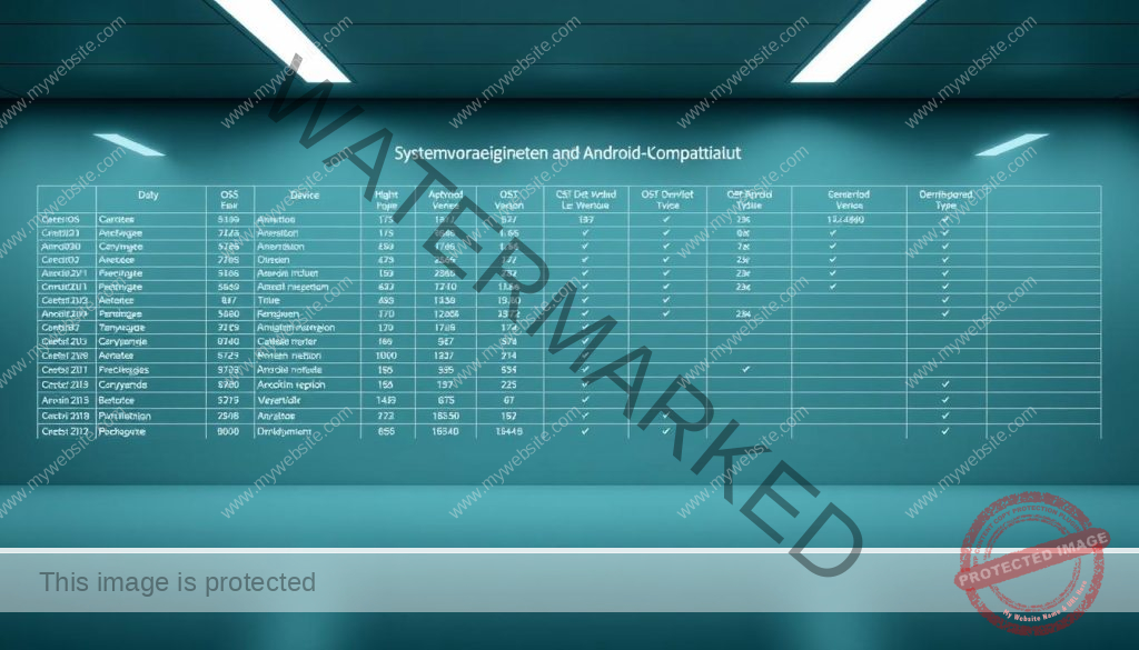 A detailed, data-rich Android compatibility table set against a sleek, minimalist background. Crisp, high-resolution lines and icons depicting various Android OS versions, device types, and compatibility statuses. Subtle, cool-toned lighting casts a technical, authoritative ambiance. The table is the central focus, with a clean, organized layout that emphasizes readability and comprehension. Abstracted in a way that conveys the essential information without extraneous details, allowing the data to shine. An image that clearly illustrates the "Systemvoraussetzungen und Android-Kompatibilität" section of the article.