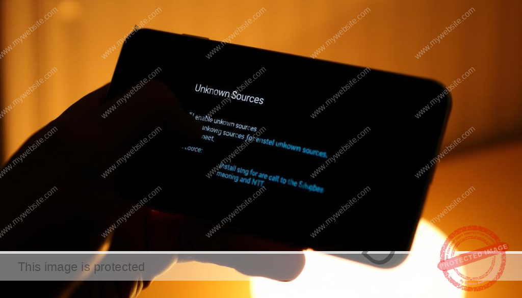 A dimly lit android smartphone screen, its display showing the "Unknown sources" settings menu. The screen is held in a person's hand, their fingers gently interacting with the interface. The background is blurred, conveying a sense of focus on the task at hand. Soft, warm lighting illuminates the scene, creating a contemplative atmosphere. The image captures the process of enabling unknown sources, a necessary step for installing third-party applications on an Android device, reflecting the preparation phase for the "MegaOTT in OttPlayer on Android" installation guide.