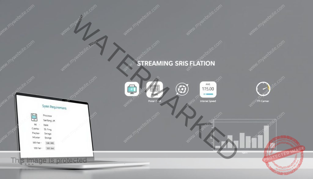 A modern, minimalist computer interface showing the system requirements for streaming, with a clean, tidy design. The foreground features a laptop or desktop display showcasing the key details - processor, RAM, storage, and internet speed needed for smooth streaming performance. The middle ground includes complementary technology icons and graphs visualizing the system specifications. The background is a subdued, neutral tone providing a sense of balance and professionalism. Lighting is soft and even, creating a sleek, high-tech atmosphere. The overall composition conveys the essential technical information in an organized, visually appealing manner.