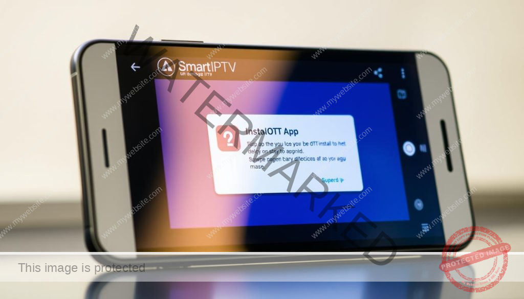 A modern, sleek Android smartphone screen displaying the Smart IPTV app interface. In the center, a prominently featured window shows the MegaOTT app installation process, with clear step-by-step instructions. The screen is bathed in a soft, natural lighting that accentuates the UI elements. The layout is clean and uncluttered, allowing the installation steps to be the focal point. A sense of technological sophistication and user-friendliness pervades the scene, reflecting the seamless integration of MegaOTT into the Smart IPTV ecosystem on Android.