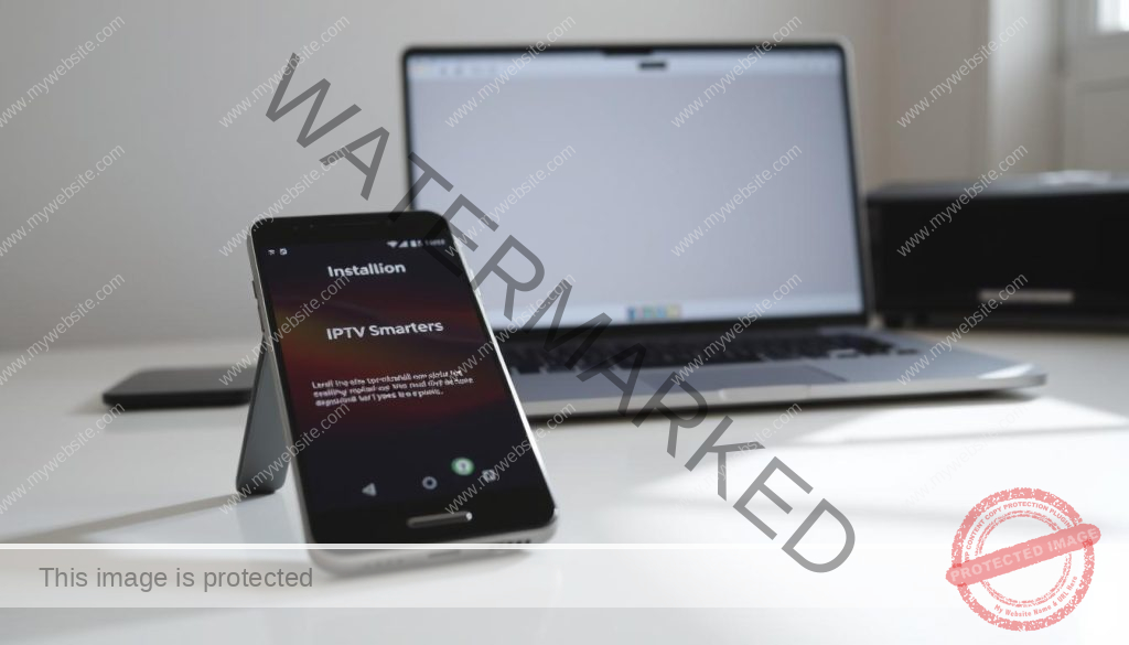 A step-by-step installation process unfolding on a clean, well-lit desk. The foreground features a modern Android smartphone, its screen displaying the IPTV Smarters interface. In the middle ground, a laptop or tablet showcases the installation steps, with a sense of progression and clarity. The background subtly suggests a domestic or office setting, with minimal distractions to keep the focus on the installation task at hand. Soft, natural lighting illuminates the scene, creating a calm and informative atmosphere. The overall composition conveys a sense of guidance and ease, inviting the viewer to follow along with the installation process.