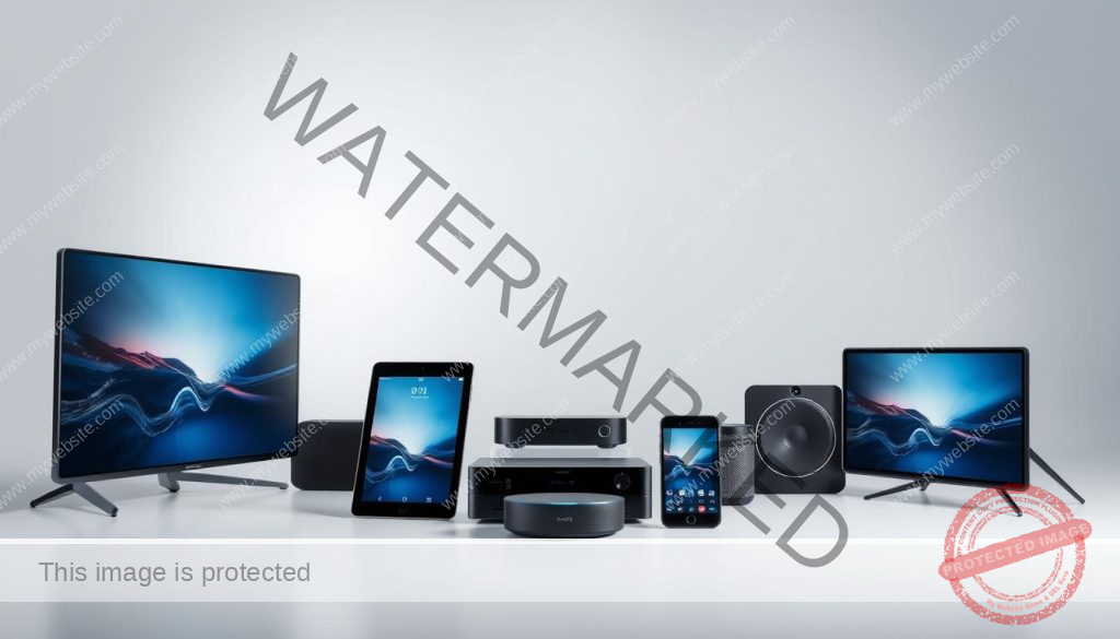 A well-lit studio scene showcasing a diverse array of electronic devices seamlessly interconnected, creating a harmonious "cross-device installation". In the foreground, a sleek smart TV, tablet, and smartphone are arranged in a dynamic composition, their screens displaying complementary visuals. In the middle ground, a compact media player and a voice-activated smart speaker stand ready to integrate the devices. The background features a clean, minimalist backdrop, emphasizing the technological sophistication. Soft, diffused lighting accentuates the smooth surfaces and clean lines of the gadgets, conveying a sense of effortless connectivity and cohesion. The overall scene radiates a modern, sophisticated atmosphere, suitable for illustrating the "Installation on various devices" section.